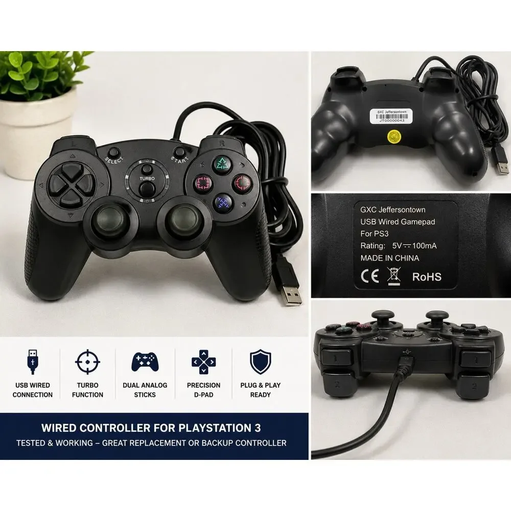 Wireless PS3 Controller Turbo Gamepad w/ Charging Cable Tested Black